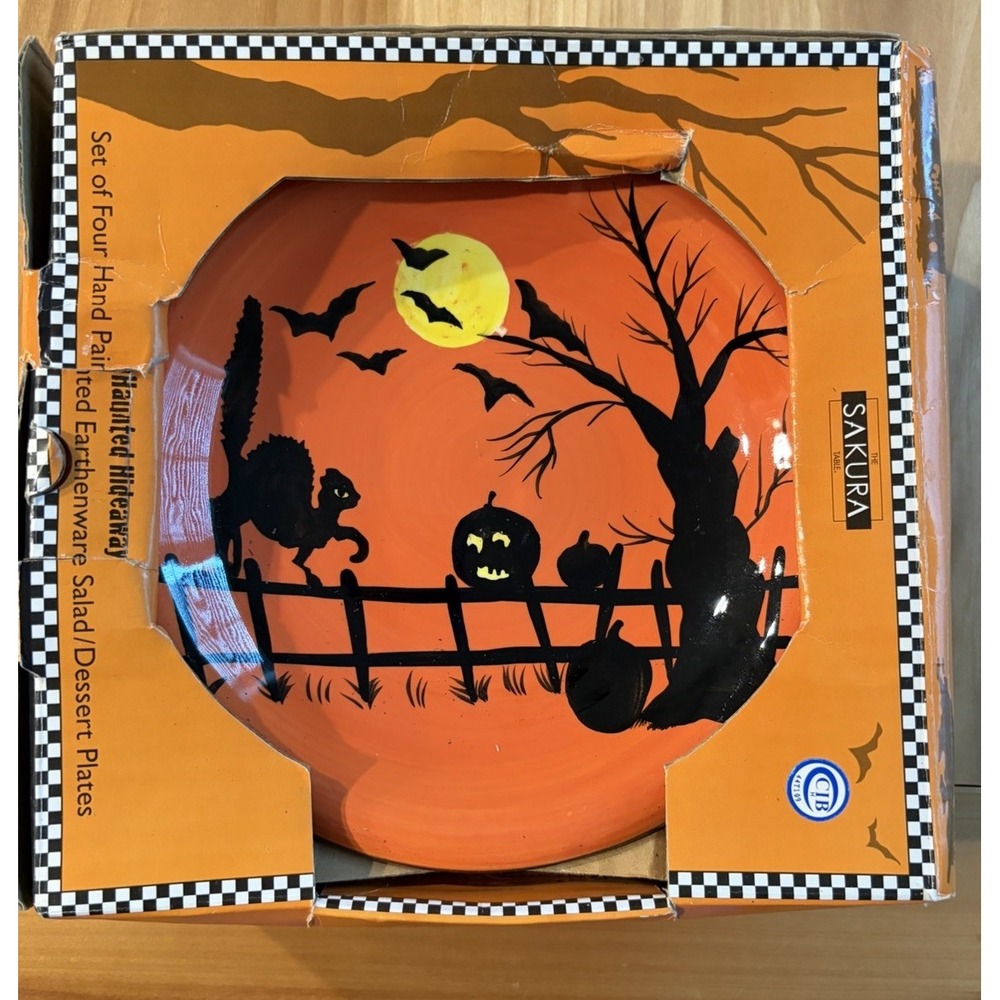 Sakura Haunted Hideaway Halloween Salad Plates Set of 4 Hand Painted Dessert NIB